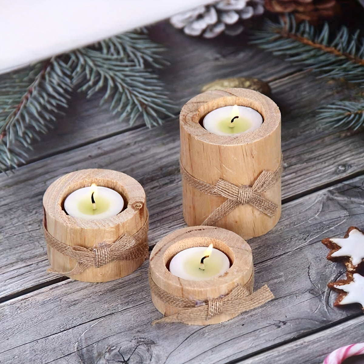 Elegant Wooden Candleholders - Set of Three