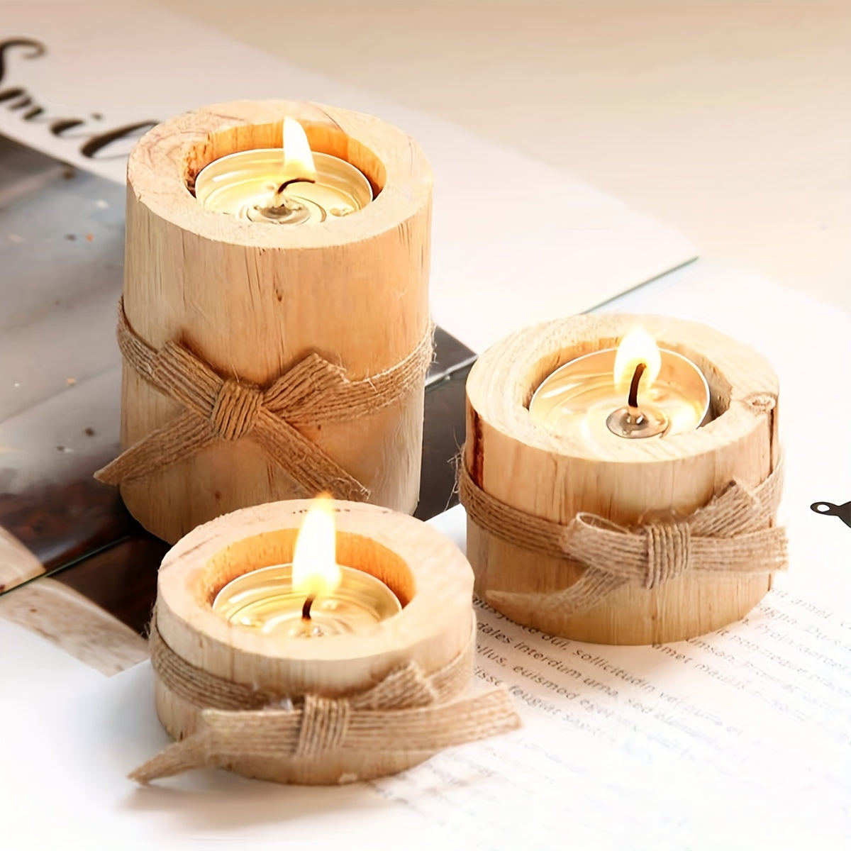 Wood candle holders set of three