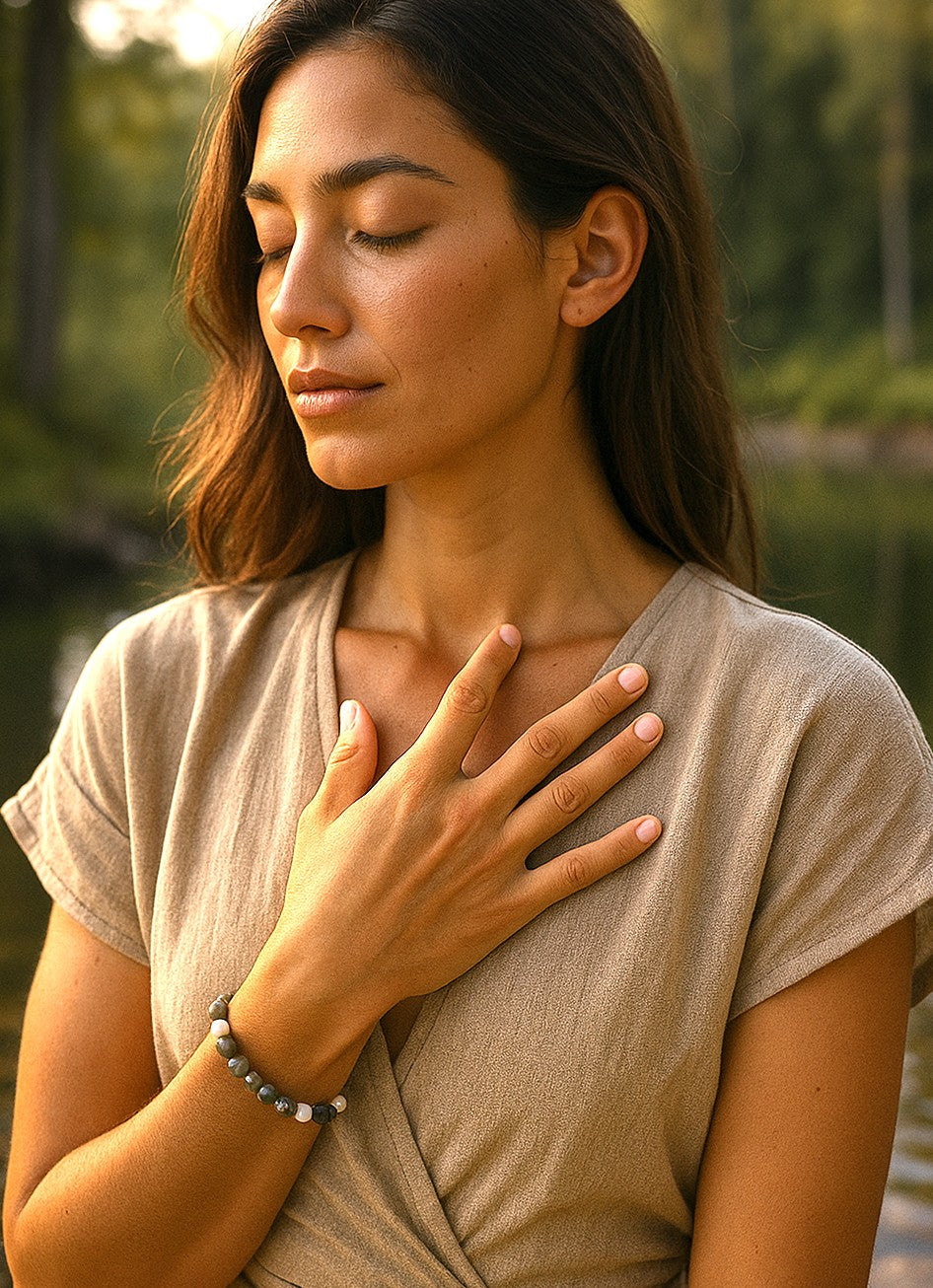 woman wearing labradorite bracelet