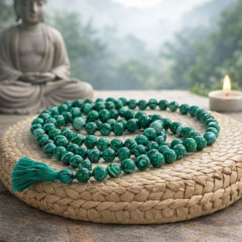 Green beaded necklace on a woven mat with a blurred natural background
