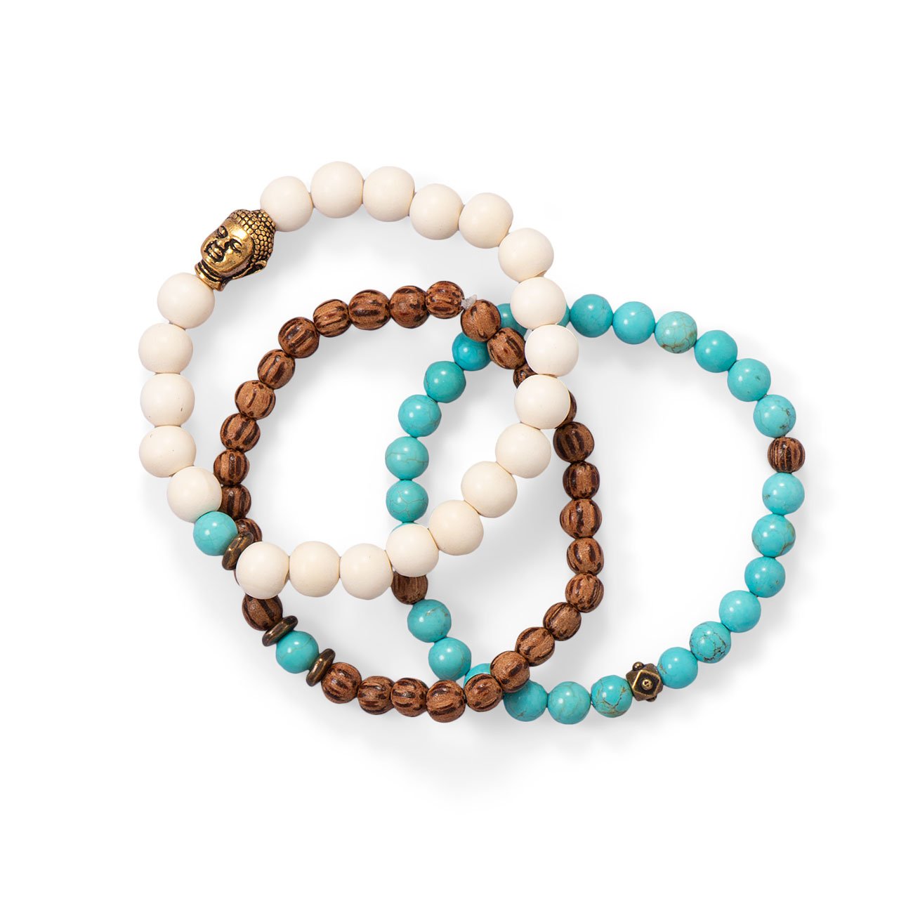 Wood and Magnesite Buddha Bracelet Set