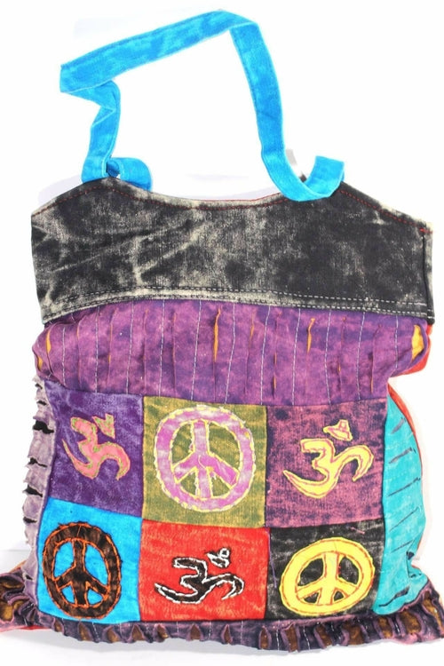 Colorful bag with peace and om symbols on a white background