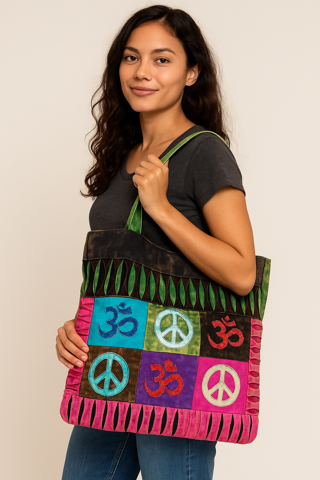 woman with embroidered boho handbag