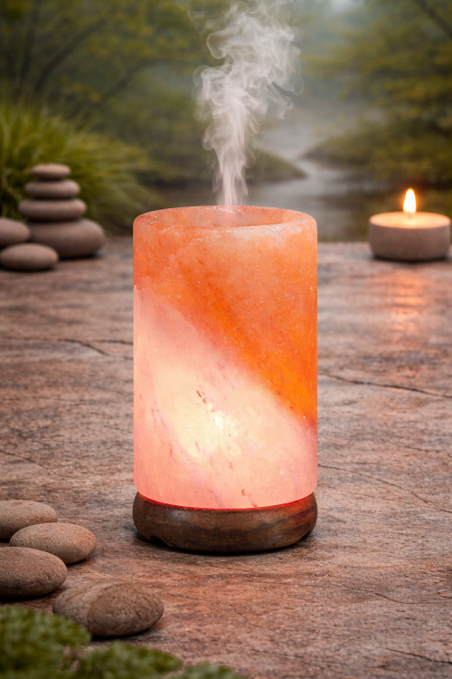Himalayan salt lamp emitting steam on a wooden surface with a blurred natural background