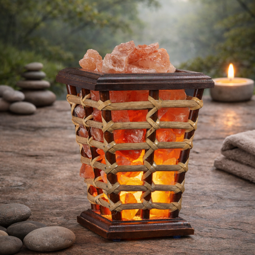Himalayan salt lamp with woven design on a wooden surface with blurred natural background