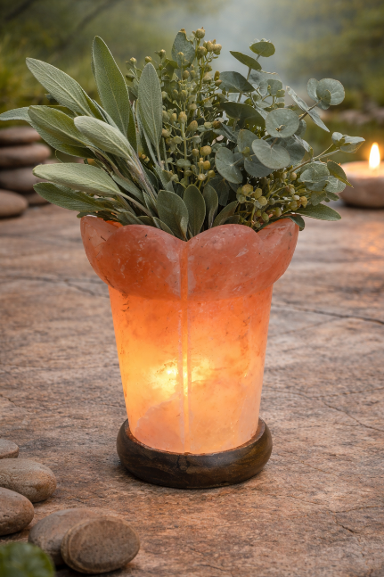 Himalayan salt lamp with a plant on a stone surface outdoors