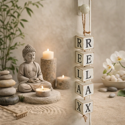 Zen-like setting with Buddha statue, candles, and 'RELAAX' blocks.