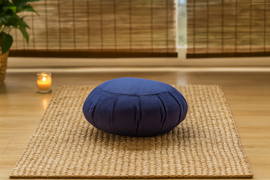 Blue meditation cushion on a woven mat with a candle and bamboo blinds in the background