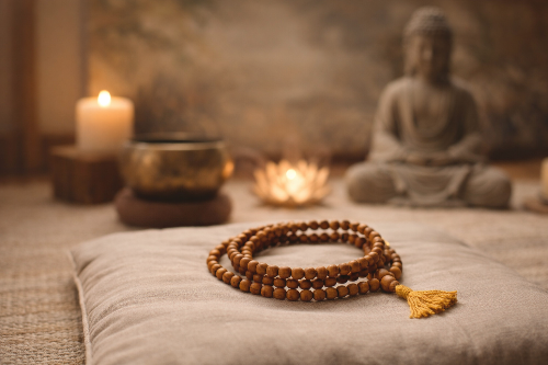 Sandalwood prayer beads in meditation room