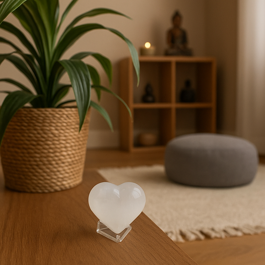 Selenite Heart Crystal in meditation room