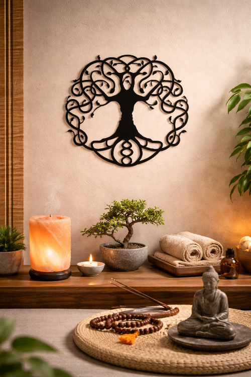 Decorative wall art of a tree with roots on a wall above a wooden shelf with candles, a bonsai tree, and a statue.