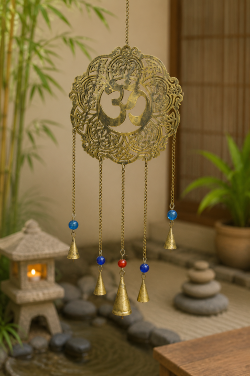 Decorative gold wind chime with hanging beads in a serene setting