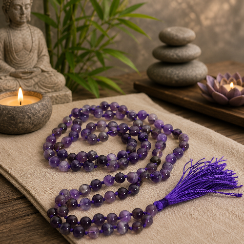 Purple beaded mala necklace with a tassel on a beige cloth, surrounded by meditation items.