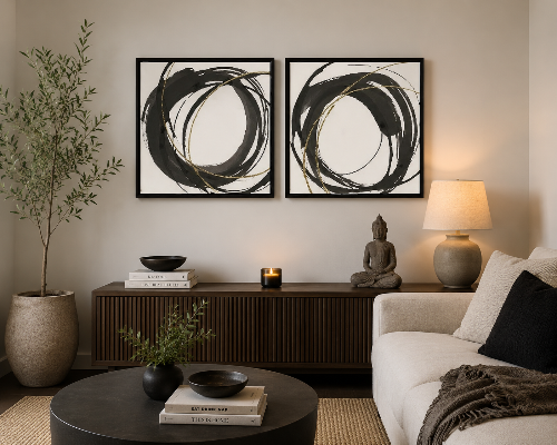 Living room with abstract wall art, a Buddha statue, and decorative items.