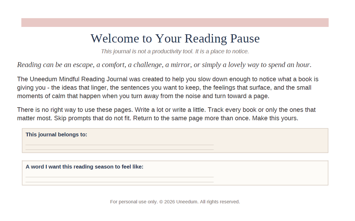 Uneedum Mindful Reading Journal – Printable Book Reflection & Reading Self-Care Journal