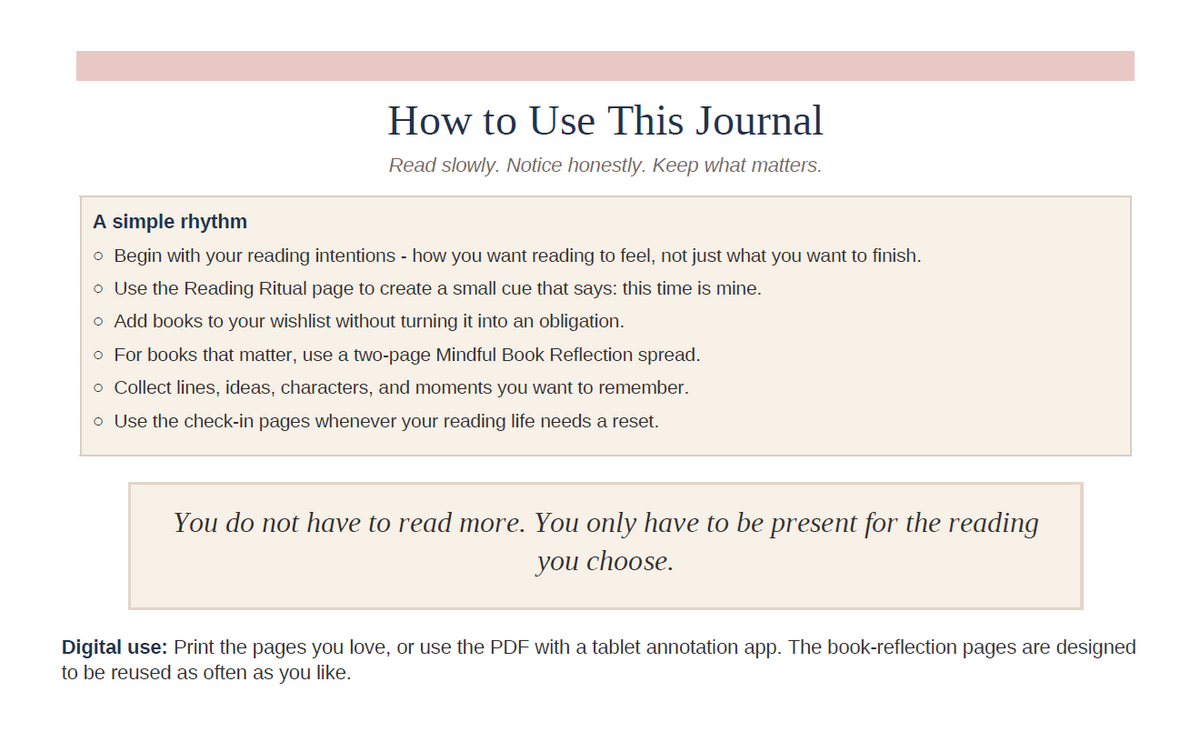 Uneedum Mindful Reading Journal – Printable Book Reflection & Reading Self-Care Journal