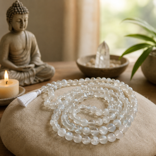 Meditation setup with a moonstone mala, candle, and Buddha statue on a wooden surface.