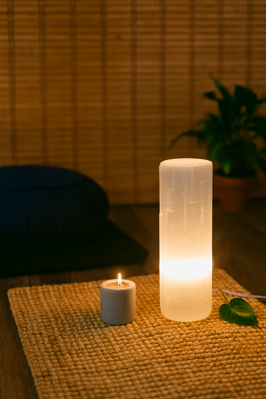 natural selenite crystal lamp on a woven mat with a blurred background
