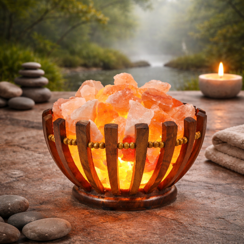 Pink himalayan salt firebowl in zen setting