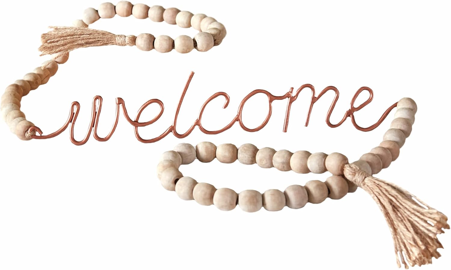 Decorative 'welcome' sign with wooden beads and tassels on a white background