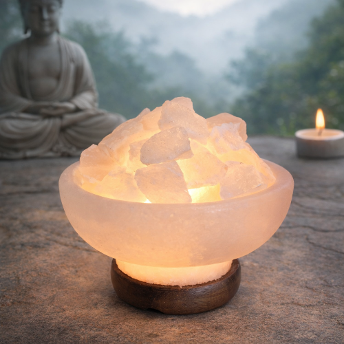 white Himalayan salt fire bowl with a Buddha statue and candle in the background